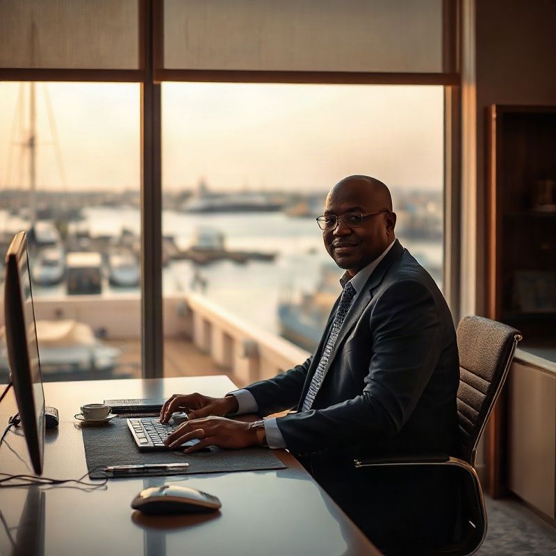 Senior professional at a minimal desk overlooking Mombasa harbour